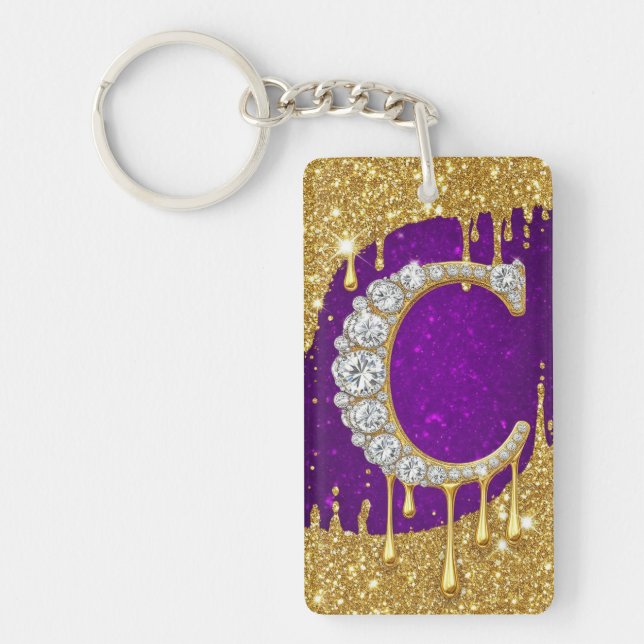 Sparkling Letter C With Gold Glitter Drip Key Ring (Front)