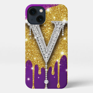 Sparkling Letter V With Gold Glitter Drip iPhone 13 Case