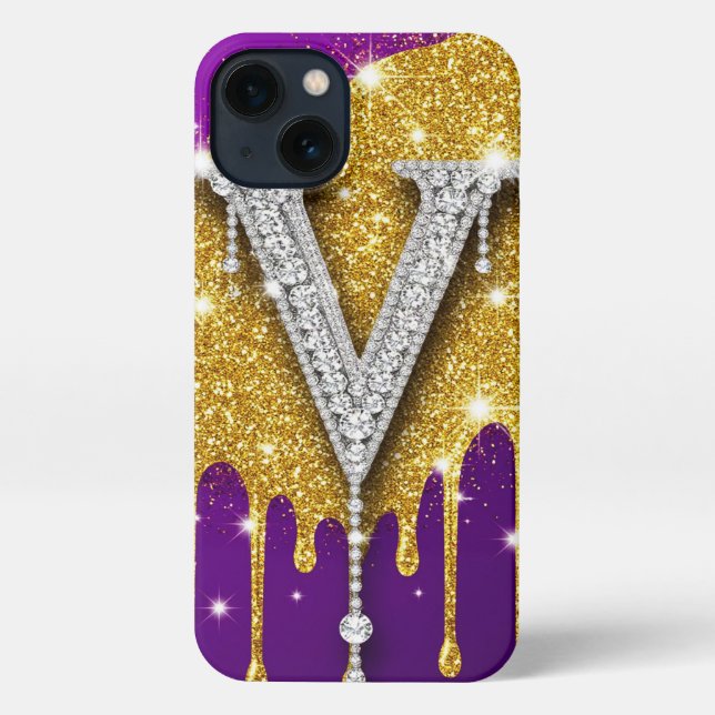 Sparkling Letter V With Gold Glitter Drip iPhone Case (Back)