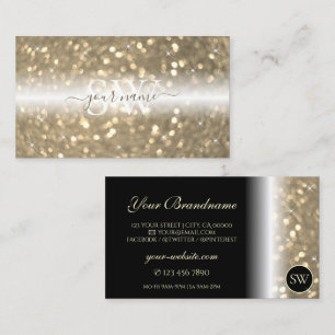 Sparkling Light Gold Glitter Black with Monogram Business Card