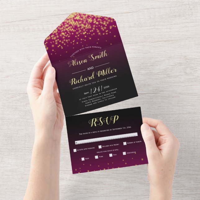Sparkling lights burgundy winter night wedding all in one invitation (Tearaway)