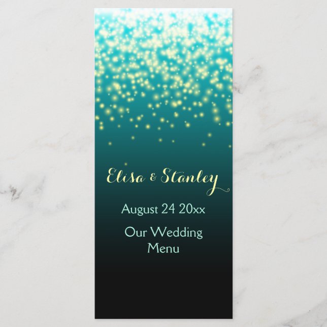 Sparkling lights in the sky teal wedding menu (Front)