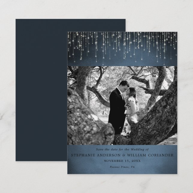 Sparkling Lights Navy Blue Photo Save the Date Invitation (Front/Back)