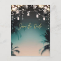 Sparkling Lights Palm Trees Beach Save the Date