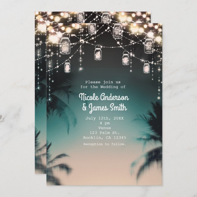 Sparkling Lights Palm Trees Elegant Beach Wedding Invitation (Front/Back)