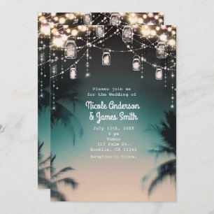 Sparkling Lights Palm Trees Elegant Beach Wedding Invitation