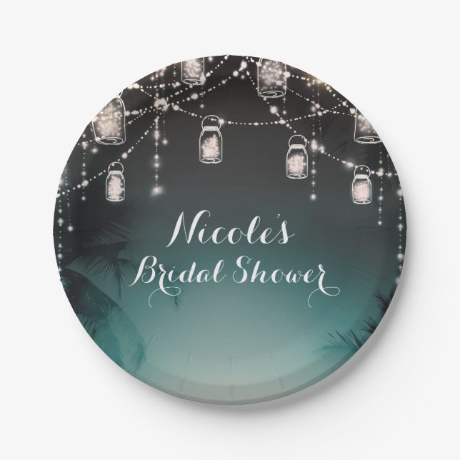Sparkling Lights Palm Trees Elegant Beach Wedding Paper Plate (Front)