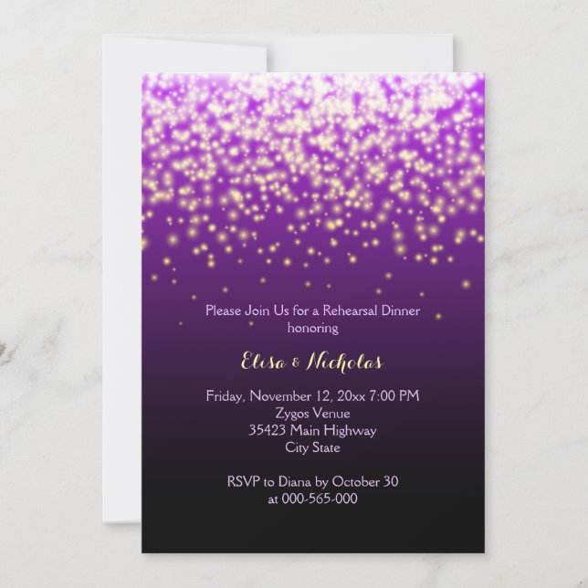 Sparkling lights purple wedding rehearsal dinner invitation (Front)
