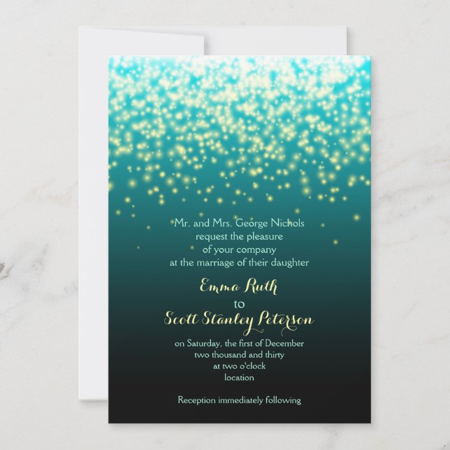 Sparkling lights teal blue and aqua wedding invitation (Front)
