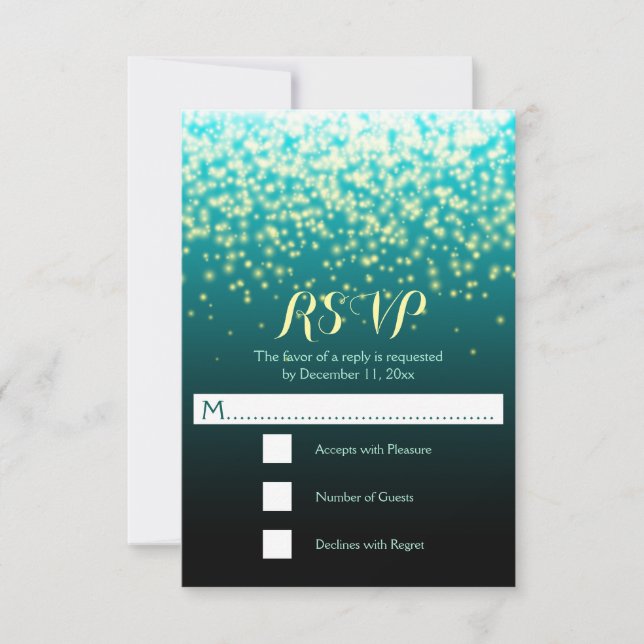 Sparkling lights teal blue and aqua wedding RSVP Card (Front)