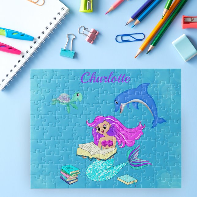 Sparkling Mermaid Reading Books Personalise  Jigsaw Puzzle (Piece together your imagination with our Sparkling Mermaid Reading Books Personalized Puzzle!)