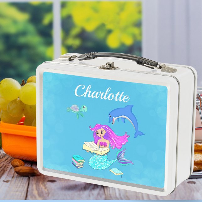 Sparkling Mermaid Reading Books Personalise  Metal Lunch Box (Take a dip into imagination with our Sparkling Mermaid Reading Books Personalized Metal Lunch Box!)