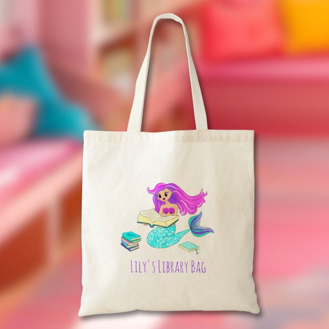 Sparkling Mermaid Reading Library Books Kid's Name Tote Bag (Creator Uploaded)