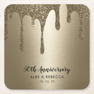 Sparkling Metallic Gold Drips 50th Anniversary  Square Paper Coaster