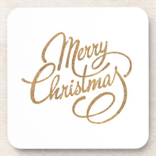 Sparkling Minimalist Gold Merry Christmas Phrase Coaster