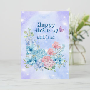 Sparkling Modern Blue Wildflowers Birthday  Holiday Card
