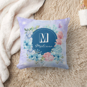Sparkling Modern Purple Blue Watercolor Floral  Cushion