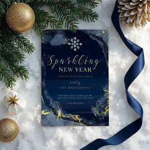 Sparkling New Years Eve Party Navy Gold Watercolor Foil Holiday Card