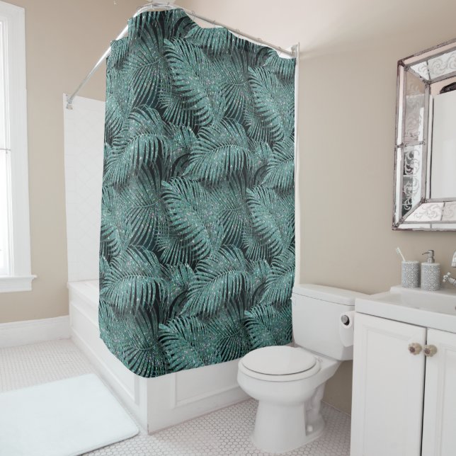 Sparkling Palm Leaves Pattern Teal ID831  Shower Curtain (In Situ)