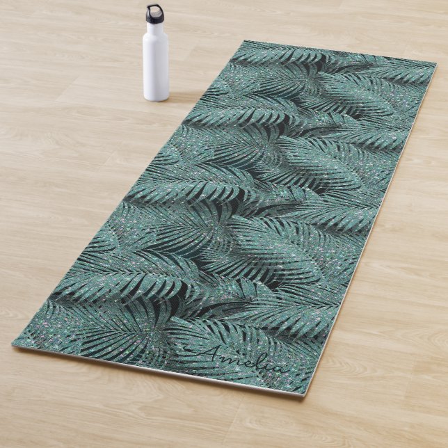 Sparkling Palm Leaves Pattern Teal ID831 Yoga Mat (In Situ)