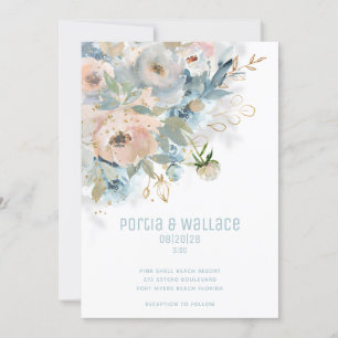 Sparkling Peach Blush & Dusty Blue Modern Wedding Announcement