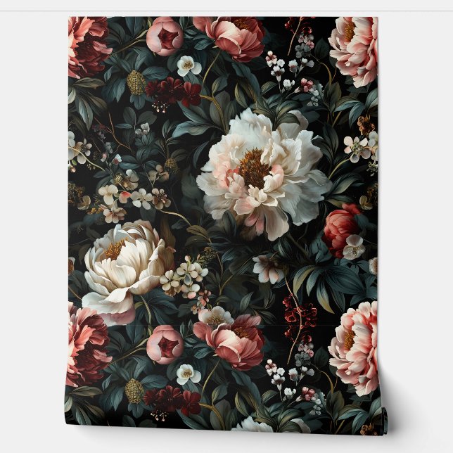 Sparkling Peony Noel Botanical Wallpaper (Unrolling)