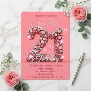 Sparkling Pink and Silver Gemstones 21st Birthday Invitation