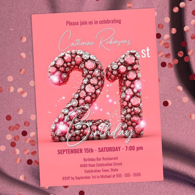 Sparkling Pink and Silver Gemstones 21st Birthday Invitation (Creator Uploaded)