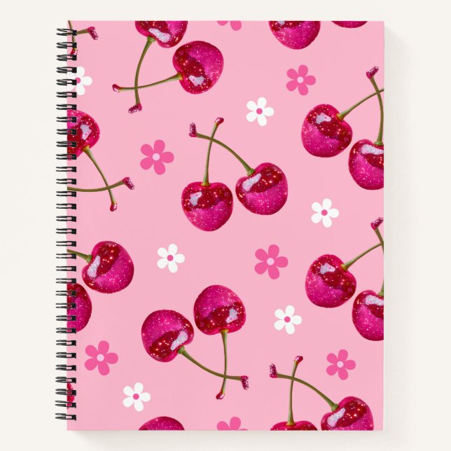 Sparkling Pink Cherry Glitter Pattern Notebook  (Front)