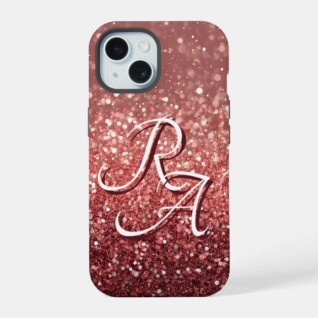 Sparkling Pink Rose Glitter with Custom Initials iPhone 15 Case (Back)