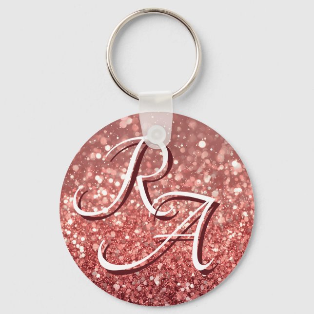 Sparkling Pink Rose Glitter with Custom Initials Key Ring (Front)