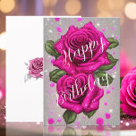 Sparkling Pink Roses on Silvery Grey Birthday Card<br><div class="desc">Celebrate in style with our exquisite birthday card adorned with two stunning, sparkling pink roses against a luxurious silvery grey backdrop. The front's artistic rose sets the tone for elegance and joy. Inside you will find a customisable message with delicate roses and silvery leaves on the side. The back features...</div>