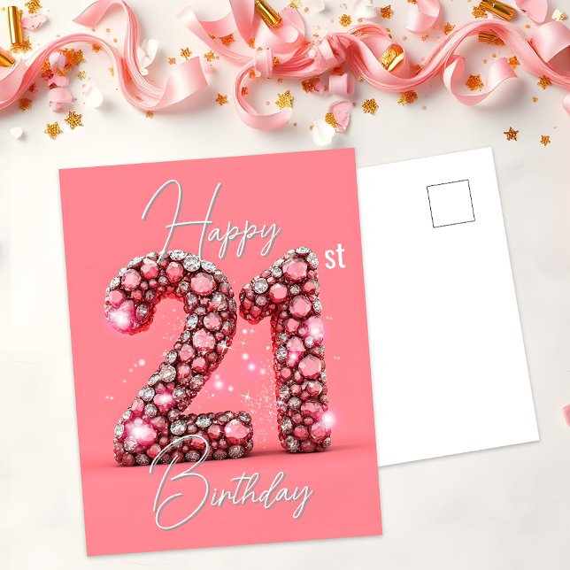 Sparkling Pink & Silver Gemstone 21st Birthday Postcard (Creator Uploaded)