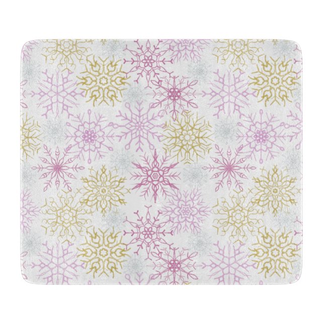 Sparkling Pink Snowflakes Cutting Board (Front)