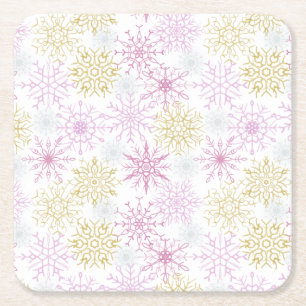 Sparkling Pink Snowflakes Square Paper Coaster