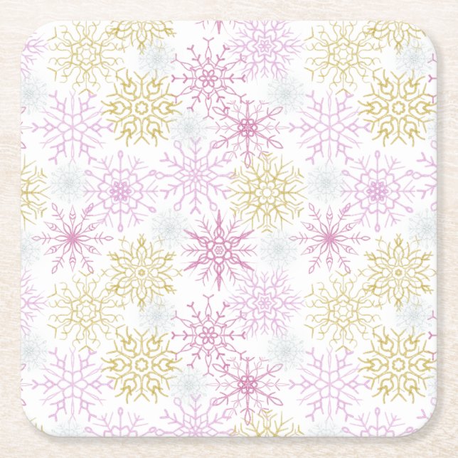 Sparkling Pink Snowflakes Square Paper Coaster (Front)