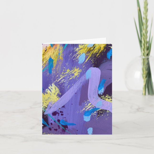 Sparkling Purple and Yellow Abstract Art Note Card (Front)