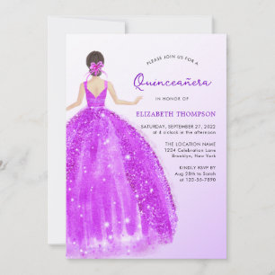 Sparkling Purple Dress Ombre Quinceañera Birthday Invitation