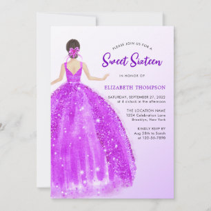 Sparkling Purple Dress Ombre Sweet 16 Birthday Invitation