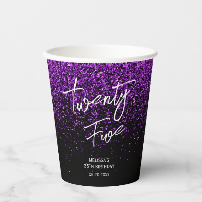 Sparkling Purple Glitter Black Any Age Birthday Paper Cups (Front)