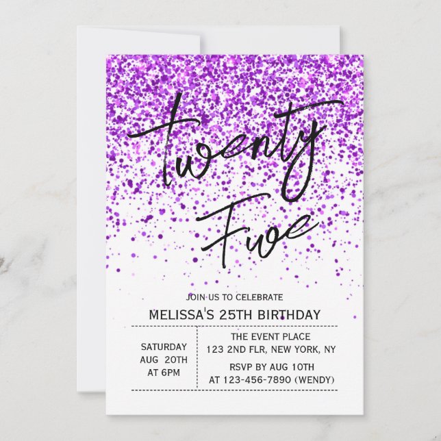 Sparkling Purple Glitter White Any Age Birthday Invitation (Front)