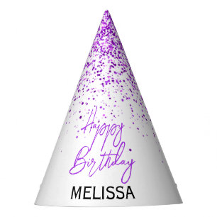 Sparkling Purple Glitter White Any Age Birthday Party Hat