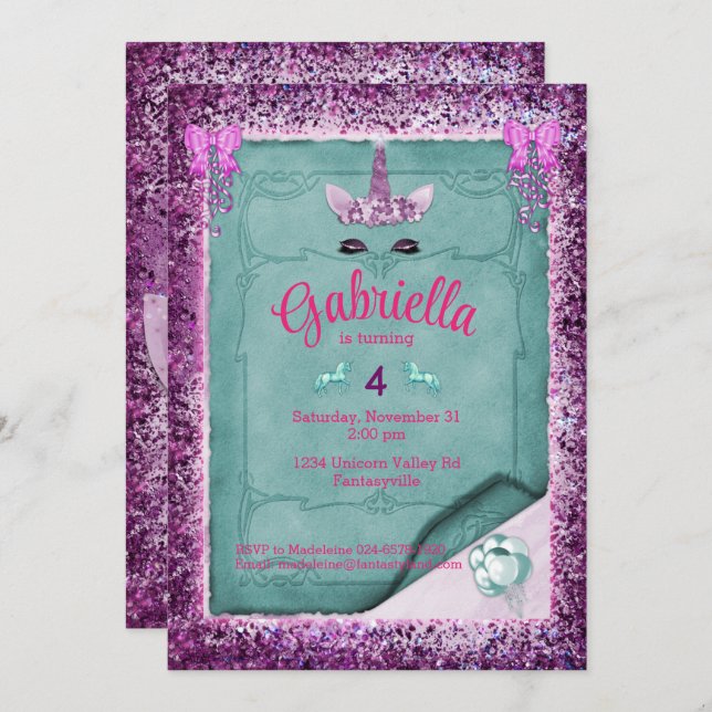 Sparkling Purple Unicorn Birthday Invitation (Front/Back)