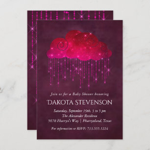 Sparkling Rain Clouds Dark Pink Baby Shower Invitation