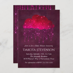 Sparkling Rain Clouds   Dark Pink Baby Shower Invitation
