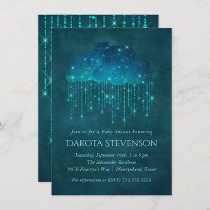 Sparkling Rain Clouds   Moody Teal Baby Shower Invitation