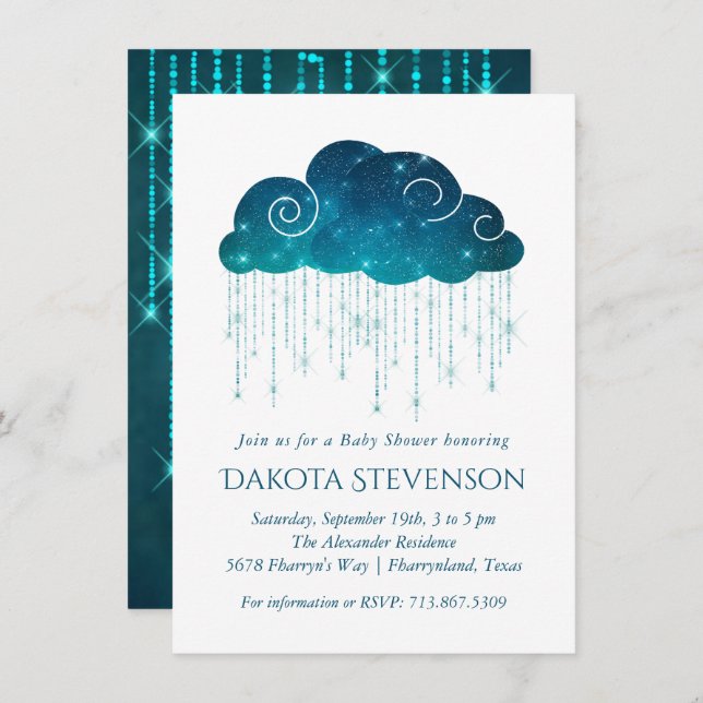 Sparkling Rain | Turquoise and White Baby Shower Invitation (Front/Back)