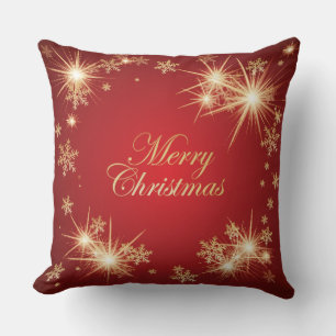 Sparkling Red and Golden Snowflakes Christmas Cushion