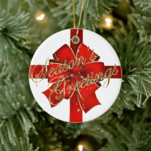 Sparkling Red Bow Happy Holidays Photo Ceramic Ornament