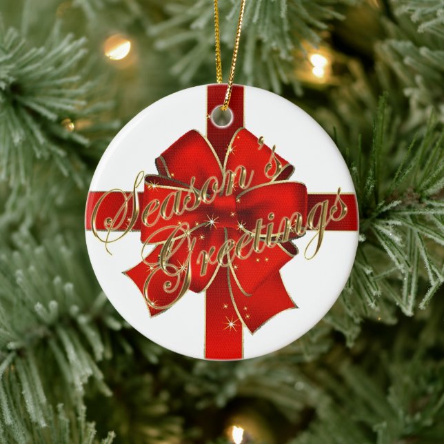 Sparkling Red Bow Happy Holidays Photo Ceramic Ornament (Tree)